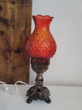 Vintage Hurricane Table Lamp Red Glass Shade